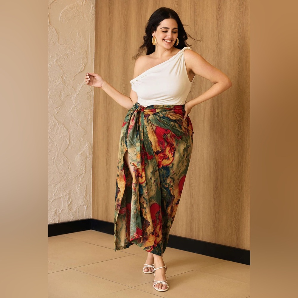 Micas Plus Size Abstract Print Satin Tie Front Skirt - Picture 2 of 15
